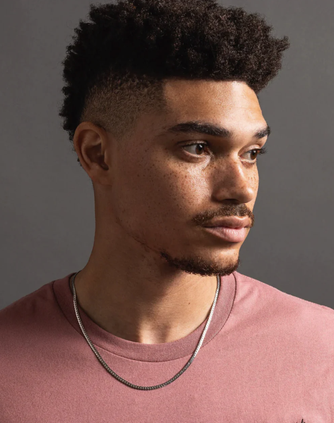 Man wearing a silver necklace