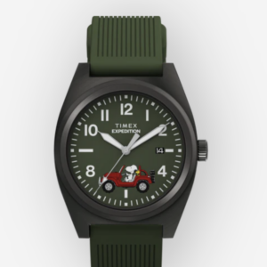 Green Watch with silver. Snoopy at the bottom of the watch face.