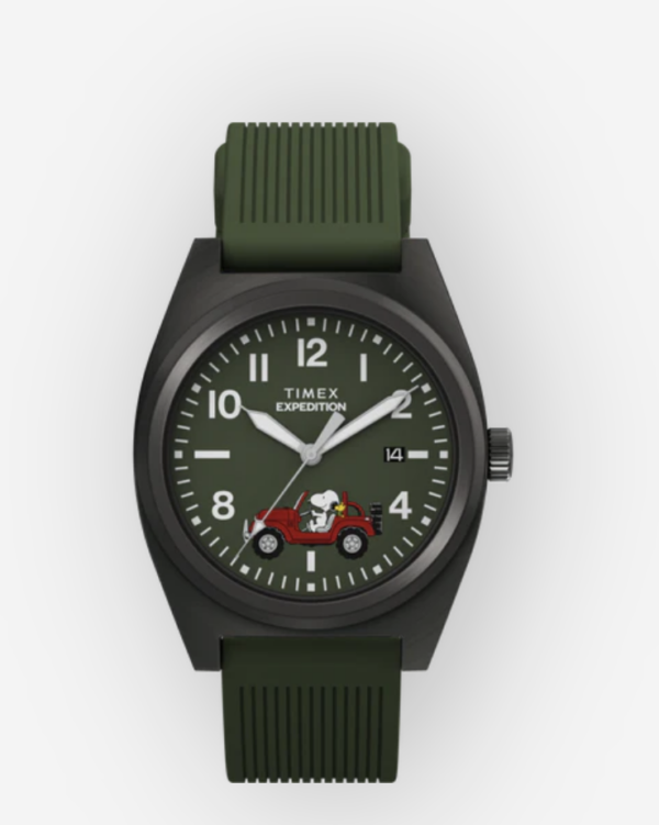 Green Watch with silver. Snoopy at the bottom of the watch face.