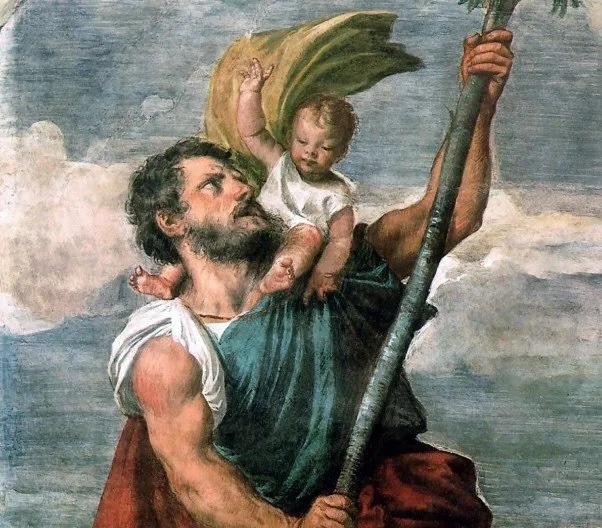 Painting of a man with a baby on his shoulder