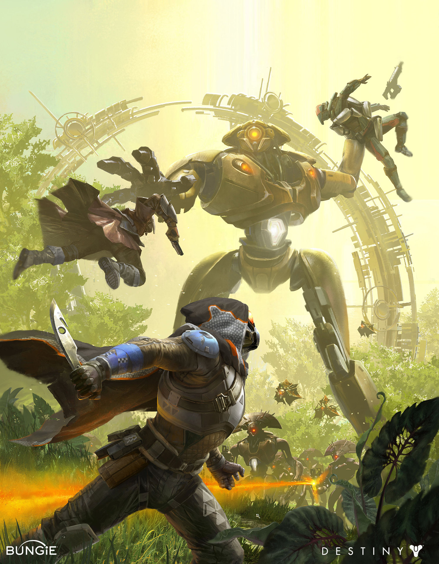digital art of three people fighting a robot
